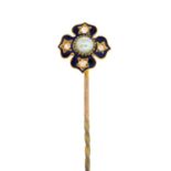 A split pearl, diamond and enamel stickpin.Length of stickpin head 1.2cms.