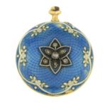 A lady's early 20th century gold diamond and enamel fob watch.