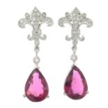 A pink tourmaline and single-cut diamond drop earrings.Total calculated tourmaline weight 3,