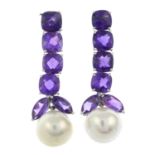 A pair of 18ct gold amethyst and fresh water cultured pearl drop earrings.Hallmarks for 18ct gold.