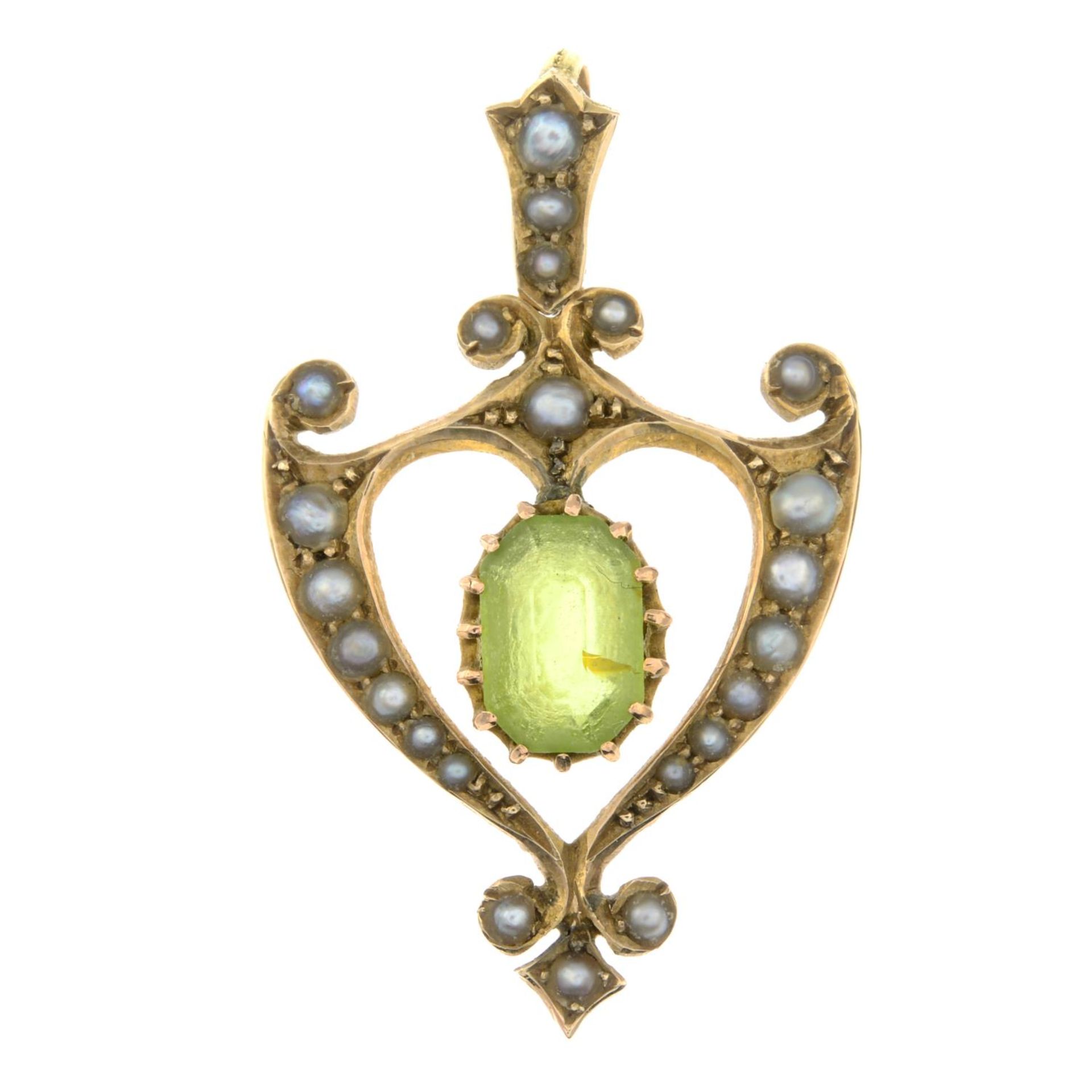 A late 19th century peridot and split pearl pendant.Length 3.7cms.