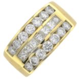 An 18ct gold square-shape and brilliant-cut diamond three-row band ring.Estimated total diamond