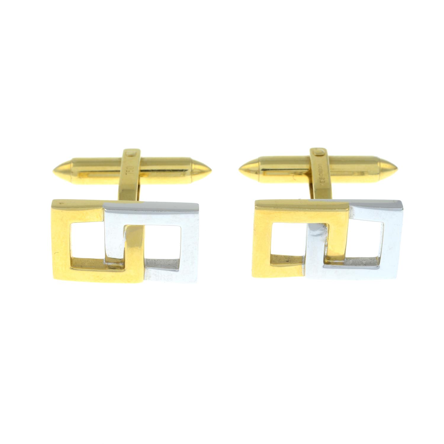 A pair of 18ct gold bi-colour cufflinks, with geometric motif.Hallmarks for 18ct gold.