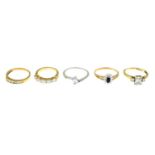 Five 9ct gold cubic zirconia rings.Hallmarks for 9ct gold.