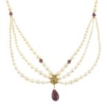 A glass-filled ruby, diamond and cultured pearl necklace.Clasp stamped 14K.