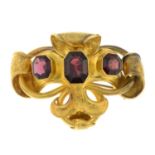 A mid Victorian gold garnet brooch.Length 5.5cms.