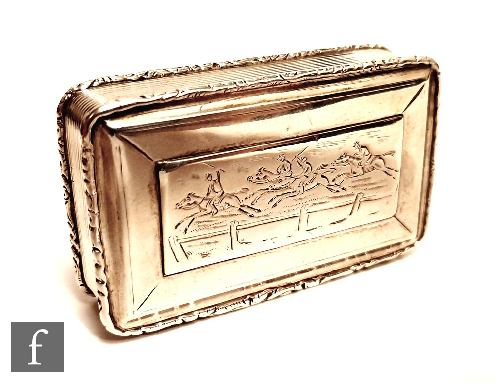 A Victorian hallmarked silver rectangular snuff box the hinged cover engraved with a horse race