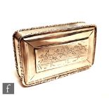 A Victorian hallmarked silver rectangular snuff box the hinged cover engraved with a horse race