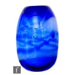 Unknown - A contemporary glass vase of swollen barrel form, the dark blue body with a white band