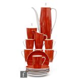 Cmielow - A post war coffee set in red with white dash lines comprising coffee pot, milk jug,