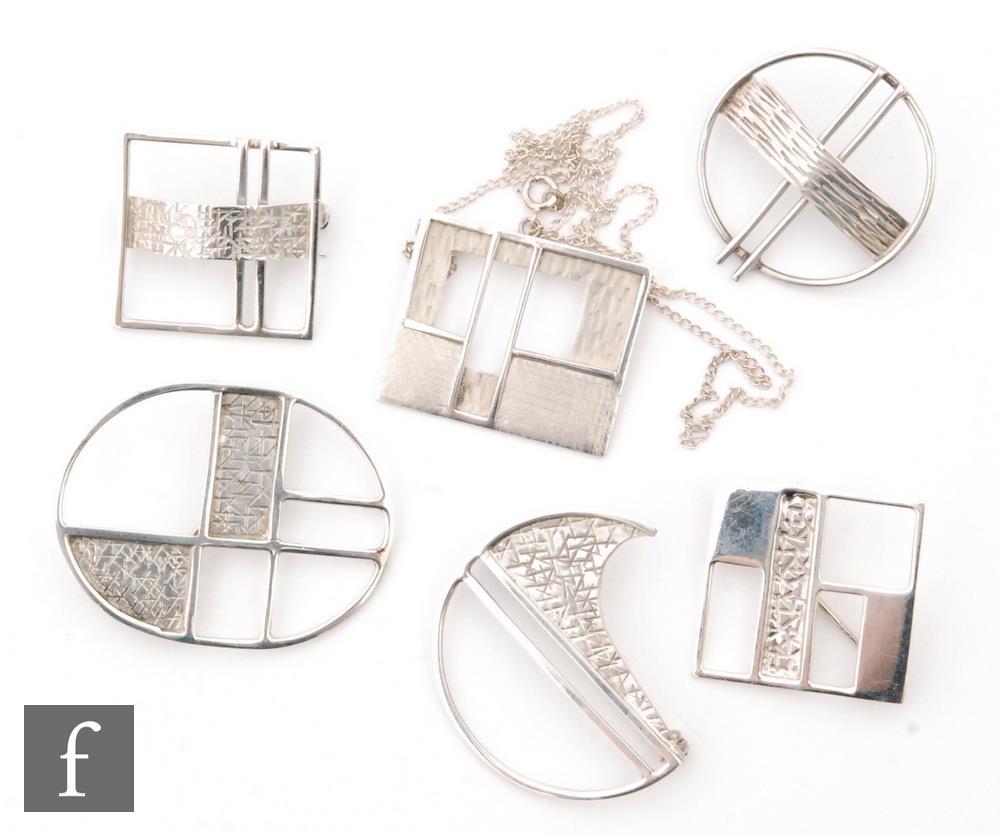 Unknown - Six hallmarked silver modernist abstract silver pendants and brooches to include pierced