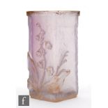 Daum - An early 20th Century cameo glass vase of square sleeve form, cased in clear over lilac and