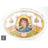 Unknown - A large oval reverse painted window panel decorated with a central shield shaped cartouche