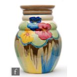 Clarice Cliff - Delecia Pansies - A shape 358 vase circa 1932, hand painted with a band of