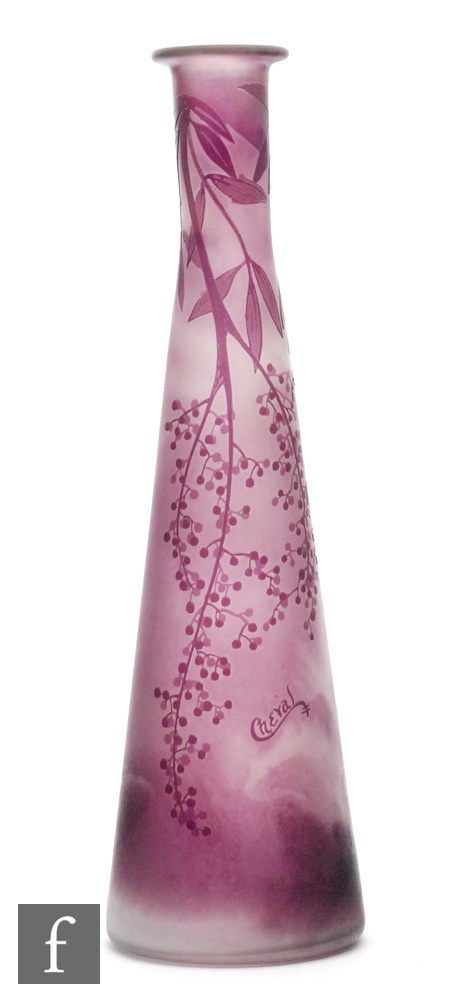 Alain Rene Cheval - A cameo glass vase, circa 1905, of slender tapering form, cased in mauve over