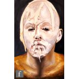Lisa Scrimgeour (Contemporary) - 'Untitled', grotesque head, yellow, acrylic on board, signed verso,