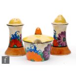 Clarice Cliff - Gay Day - A three piece Muffiner cruet set circa 1930, hand painted with stylised