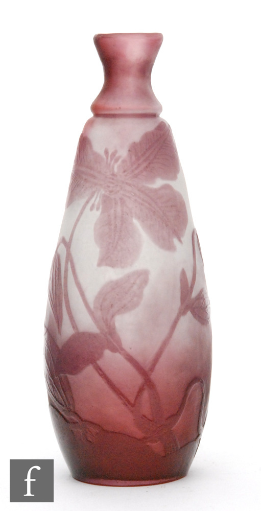 Galle - An early 20th Century cameo glass vase of ovoid form with waisted collar neck in amethyst