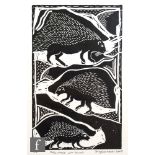 Qaeqhao Moses (Contemporary) - 'Porcupine with Young', linocut, signed in pencil and dated 2007,