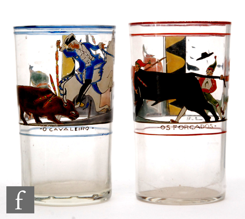 Unknown - A pair of Spanish glass tumblers, each with optic ribbing and hand enamelled stylised
