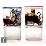 Unknown - A pair of Spanish glass tumblers, each with optic ribbing and hand enamelled stylised