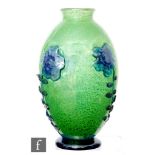 Franco Moretti - A 1950s glass vase of footed ovoid form with everted rim, green cased in clear with