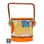 Clarice Cliff - Melon - A Hereford shape biscuit barrel circa 1930, hand painted with a band of