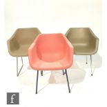Robin Day - Hille - Three polypropylene 'Classic Tub' chairs, in pink, gold and brown colourways,
