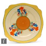 Clarice Cliff - Crocus - A Leda shape plate circa 1930 radially hand painted with Crocus sprays with