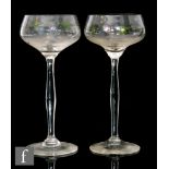 Theresiental - A pair of early 20th Century champagne glasses with a shallow coup bowl, hand