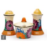 Clarice Cliff - Gay Day - A Muffiner cruet set hand painted with stylised flowers and foliage