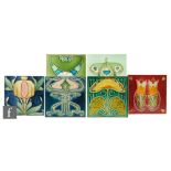 Unknown - Six assorted early 20th Century 6in dust pressed tiles each decorated in the Art Nouveau