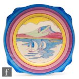 Clarice Cliff - Gibraltar - A Leda shape plate circa 1932, hand painted with sailing boats before