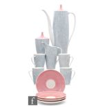 Cmielow - A post war coffee set in grey with dash lines and contrasting pink lines and saucers