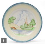 Clarice Cliff - Crayon Scene - Church & Bridge - A circular plate circa 1934, hand decorated with