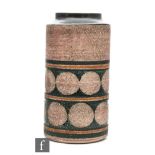 Marilyn Pascoe - Troika Pottery - A cylindrical vase, the textured buff ground, with black bands