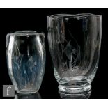 Unknown - Two Scandinavian glass vases, both engraved with fish swimming amongst reeds, the first of