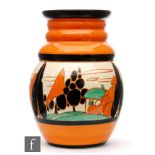 Clarice Cliff - Orange Trees & House - A shape 358 vase circa 1930, hand painted with a stylised