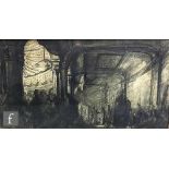 Bernard Kay (B.1927) - Crowds in a theatre interior, monochrome ink and charcoal drawing, signed,