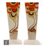 Clarice Cliff - Rhodanthe - A pair of shape 656 square footed vases circa 1934, both hand painted