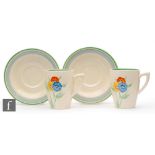 Clarice Cliff - Petite Fleur - A pair of Lyton shape coffee cans and saucers circa 1938, hand