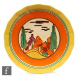 Clarice Cliff - Seven Colour Trees & House - A frill rim plate circa 1929, hand painted with a