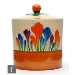 Clarice Cliff - Crocus - A large Drum shape preserve circa 1930, with domed cover and fruit