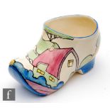 Clarice Cliff - Pink Roof Cottage - A large Sabot or Clog circa 1932, hand painted with a stylised