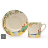 Clarice Cliff - Secrets - A tankard shape coffee can and saucer circa 1937, hand painted with a