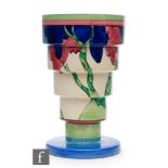 Clarice Cliff - Rudyard - A shape 366 circular stepped vase circa 1933, hand painted with a stylised