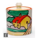 Clarice Cliff - Orange Roof Cottage - A Drum shape preserve circa 1932, hand painted with a stylised