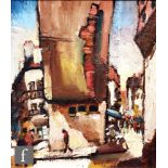 William Turner, FRSA., R.Cam.A. (1920-2013) - Figures in a street scene, oil on board, signed, bears