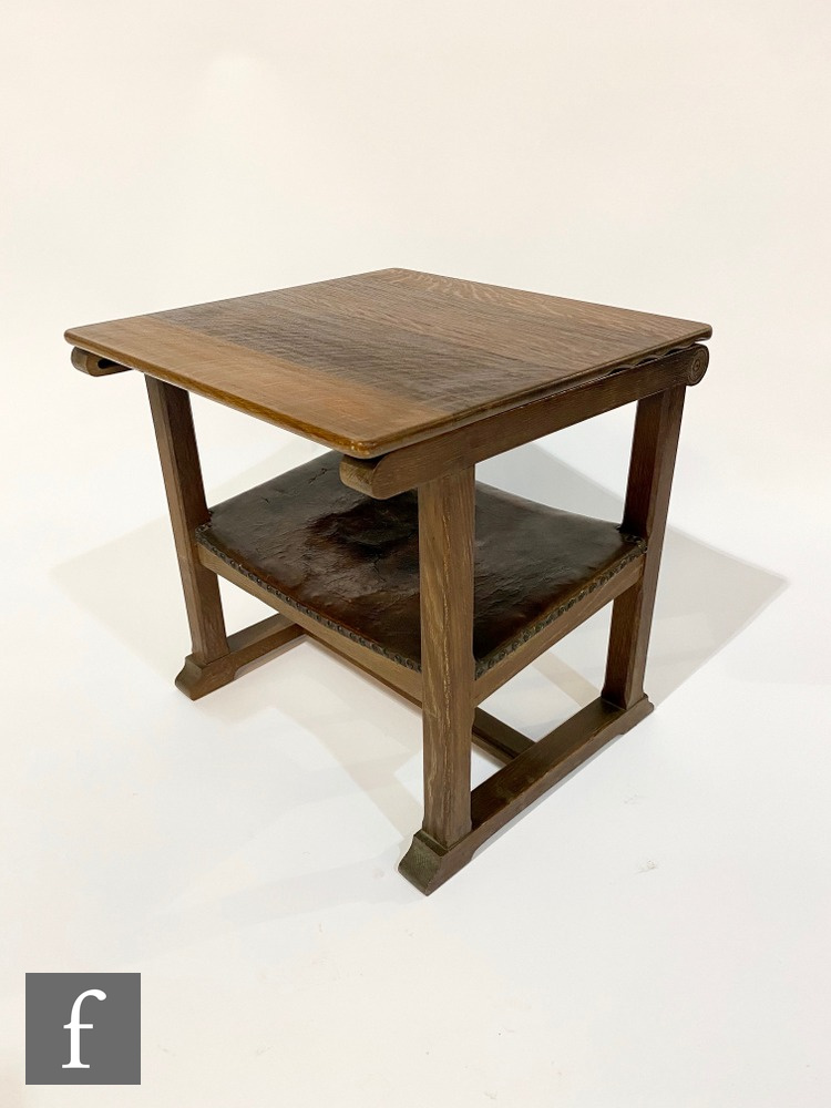 Unknown ? An Arts and Crafts oak metamorphic monks chair with leather seat folding into a table, - Image 2 of 2