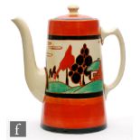 Clarice Cliff - Red Trees & House - A Tankard shape coffee pot circa 1930, hand painted with a